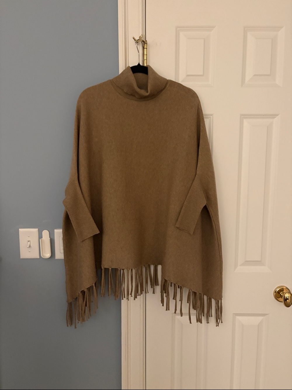 Turtleneck Fringe Poncho Sweater in Tan